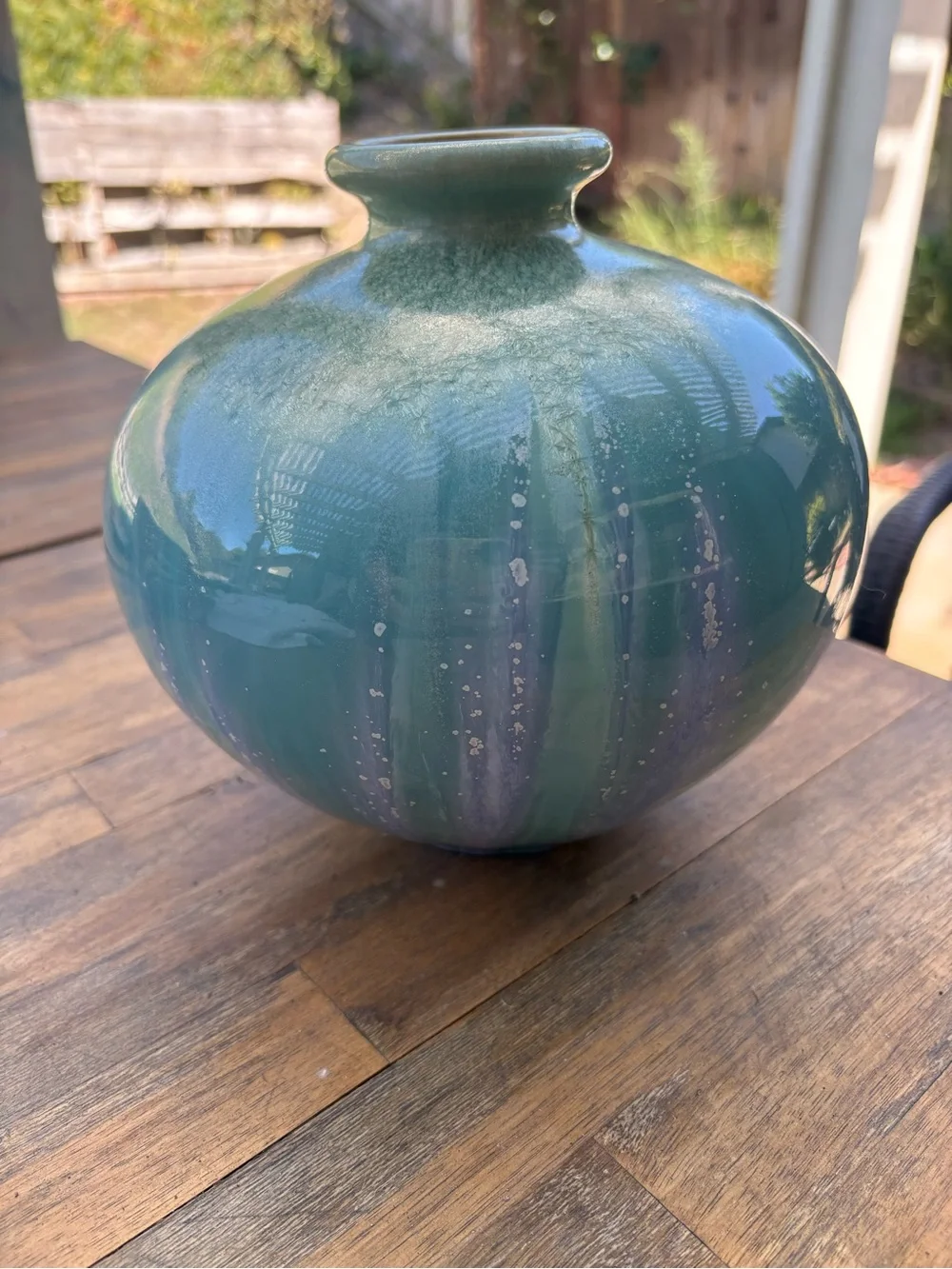 Unique Teal Light Purple Green Drip Crackle Crystalline Glaze Bulb Vase ~8”